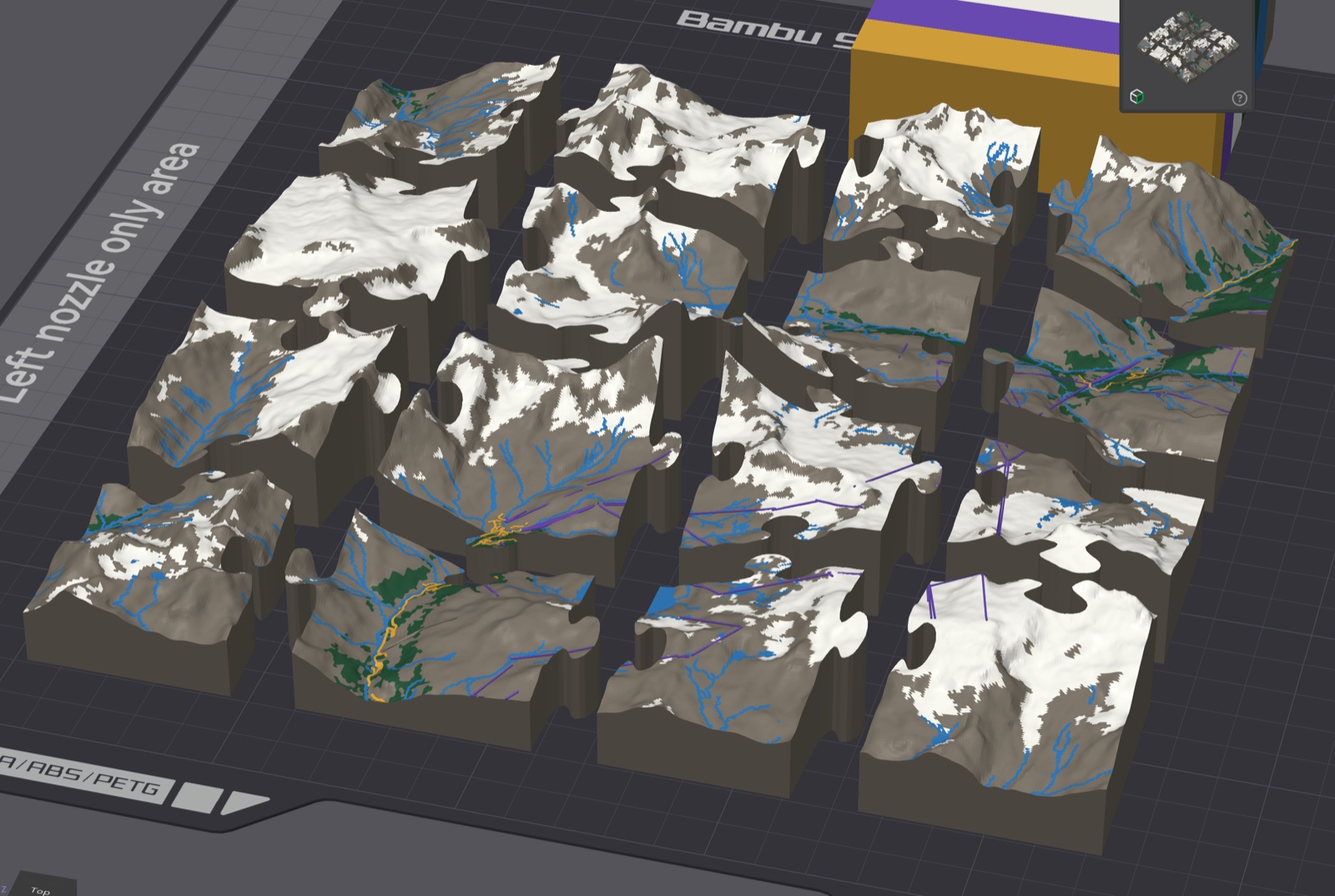Matterhorn color terrain puzzle separated into 16 pieces in Bambu Studio