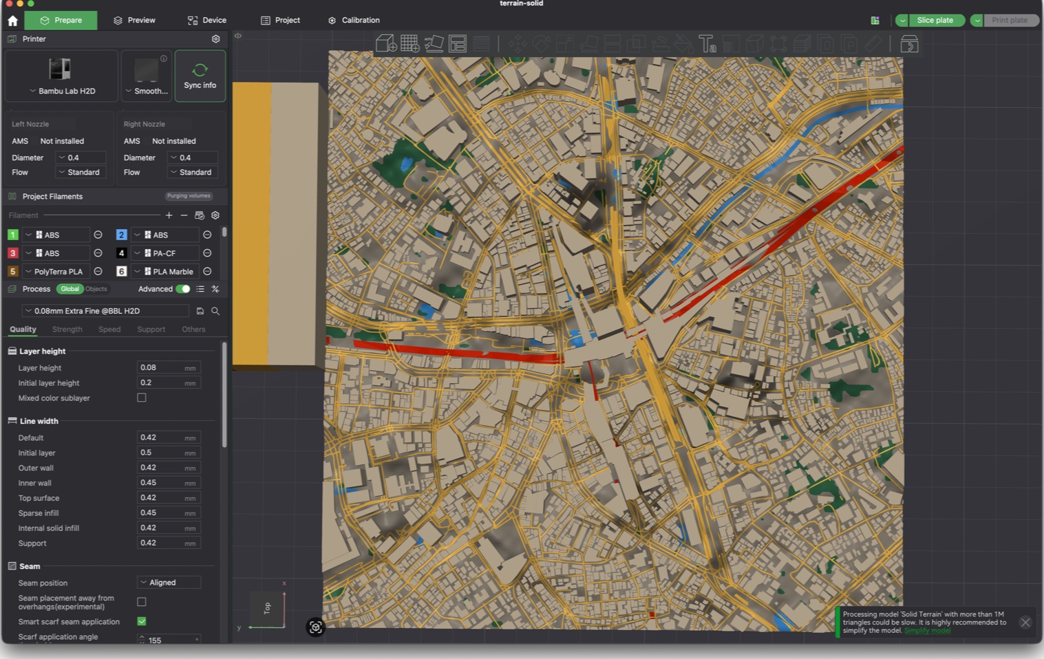 Solid color terrain model of the Shibuya Station area in Bambu Studio, with dense buildings, roads, rail lines, and water
