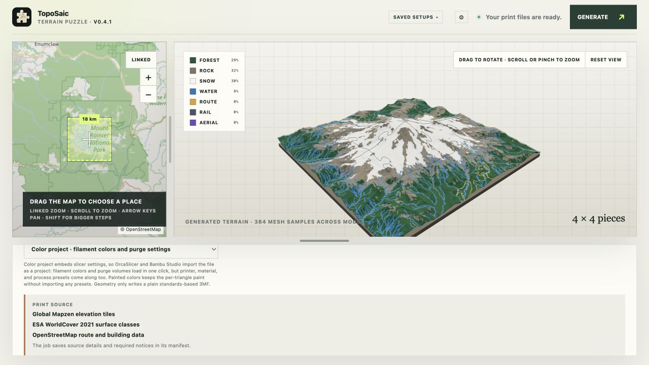TopoSaic workspace showing a completed Mount Rainier job beside its generated 3D terrain puzzle preview