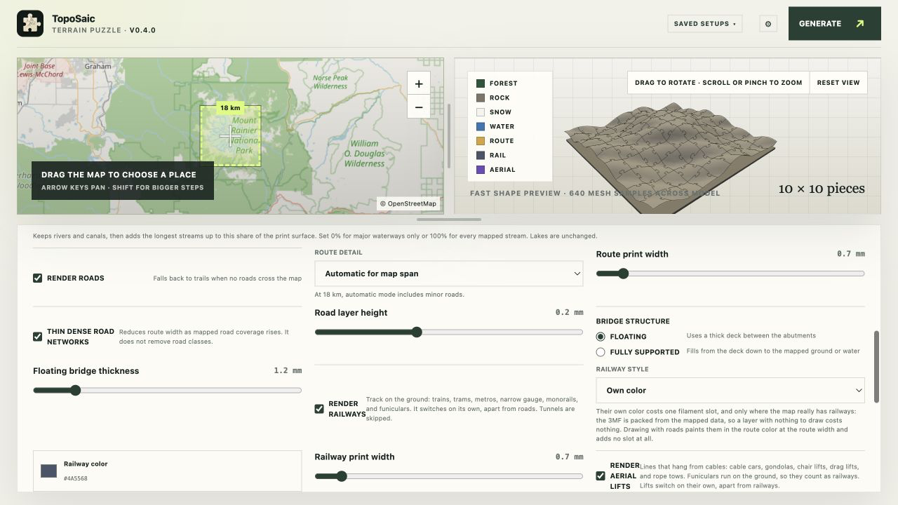 TopoSaic v0.4 controls showing roads, bridges, railways, and aerial lifts